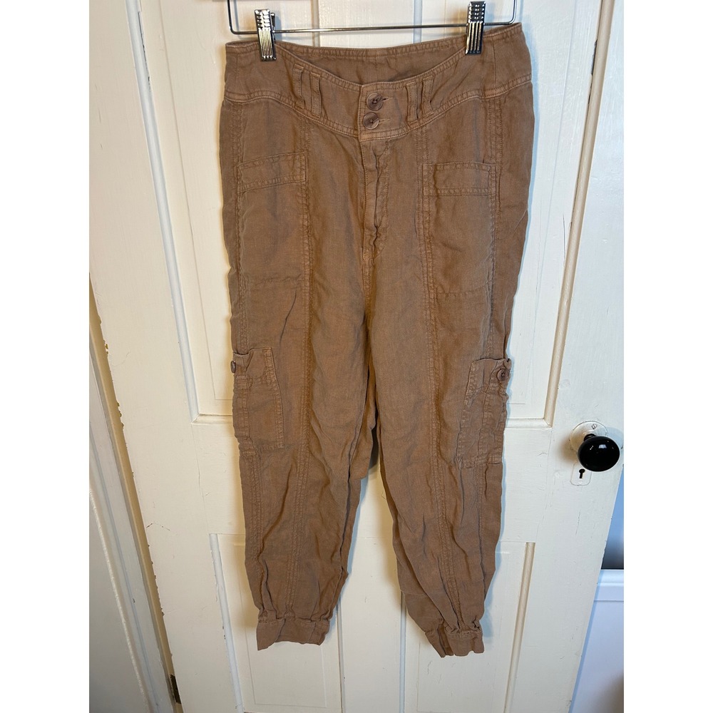 Wrap London 100% Linen Cargo Jogger Pants Tan Brown Utility Size 4